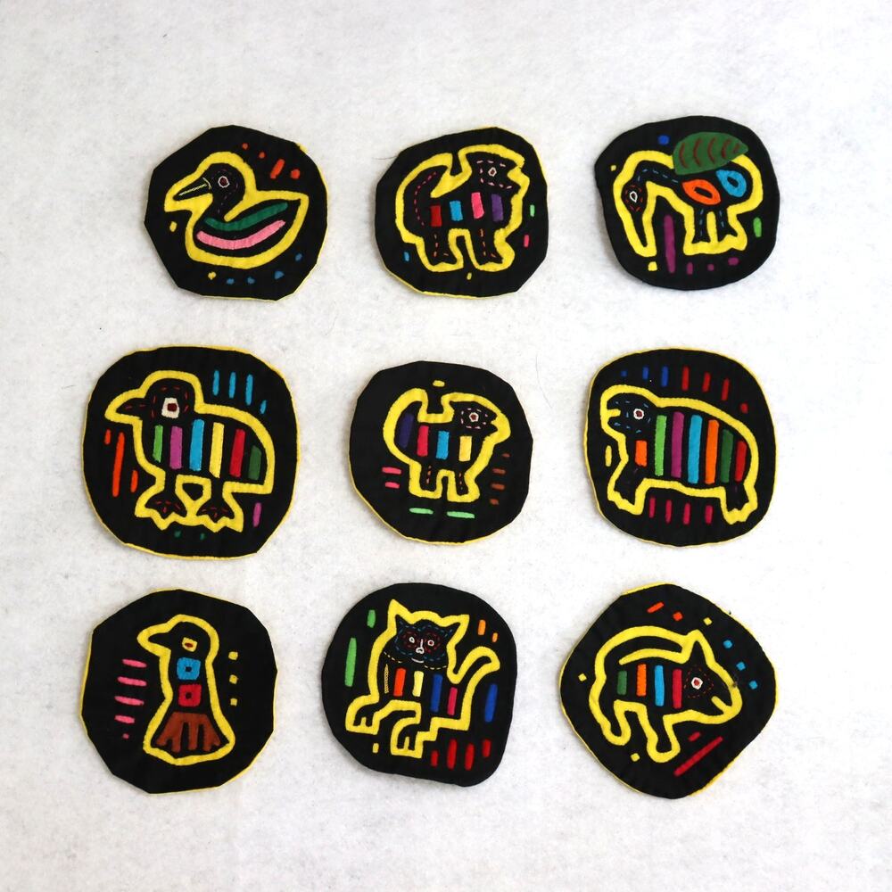 Set of 9 Vintage Kuna Mola Patches Hand Stitched 3.5" Round